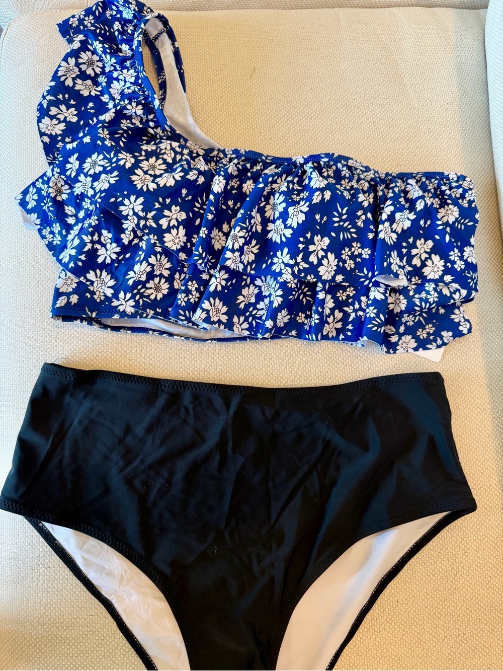 Ruffled One-Shoulder Bikini Set - Blue Floral & Black
